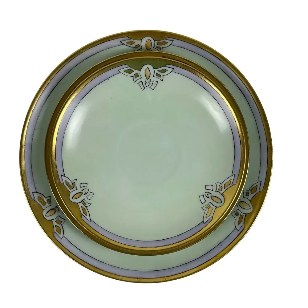 Art Nouveau Thomas Bavaria 4 Piece Luncheon Set Light Green w/Purple & Gold Rim